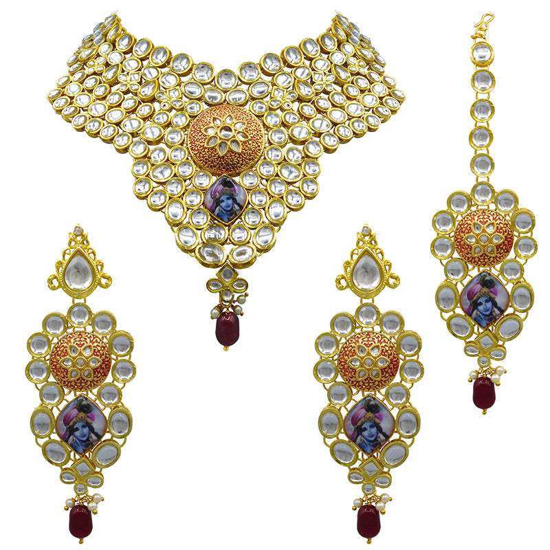 Sujwel Gold Kundan Necklace And Earrings With Maangtikka (08-0509)