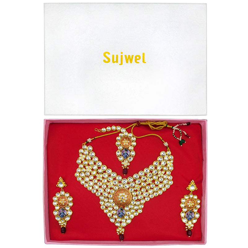Sujwel Gold Kundan Necklace And Earrings With Maangtikka (08-0509)