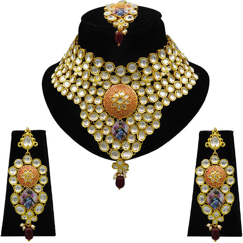 Sujwel Gold Kundan Necklace And Earrings With Maangtikka (08-0509)