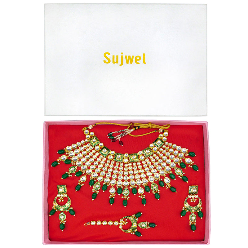 Sujwel Gold Plated Kundan Meenakari Choker Necklace Set (08-0469)