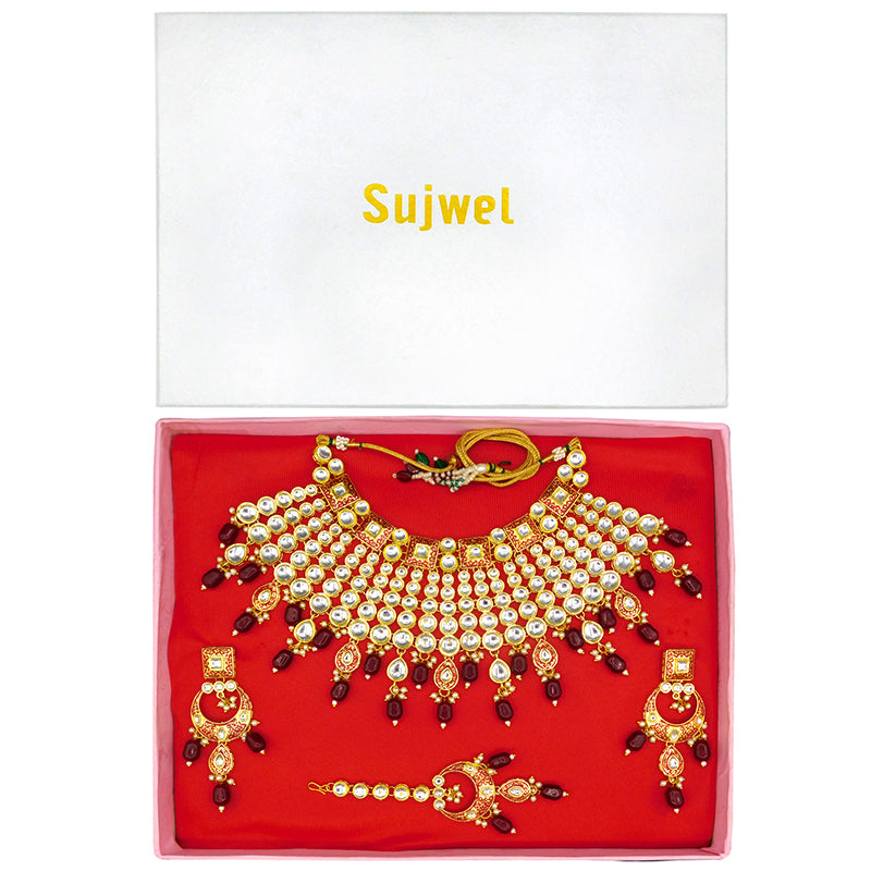 Sujwel Gold Plated Kundan Meenakari Choker Necklace Set (08-0469)