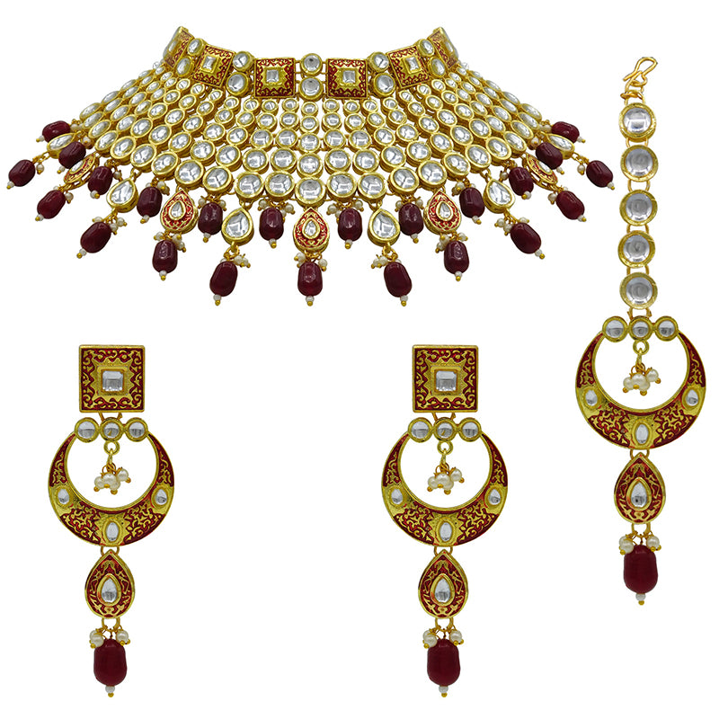 Sujwel Gold Plated Kundan Meenakari Choker Necklace Set (08-0469)