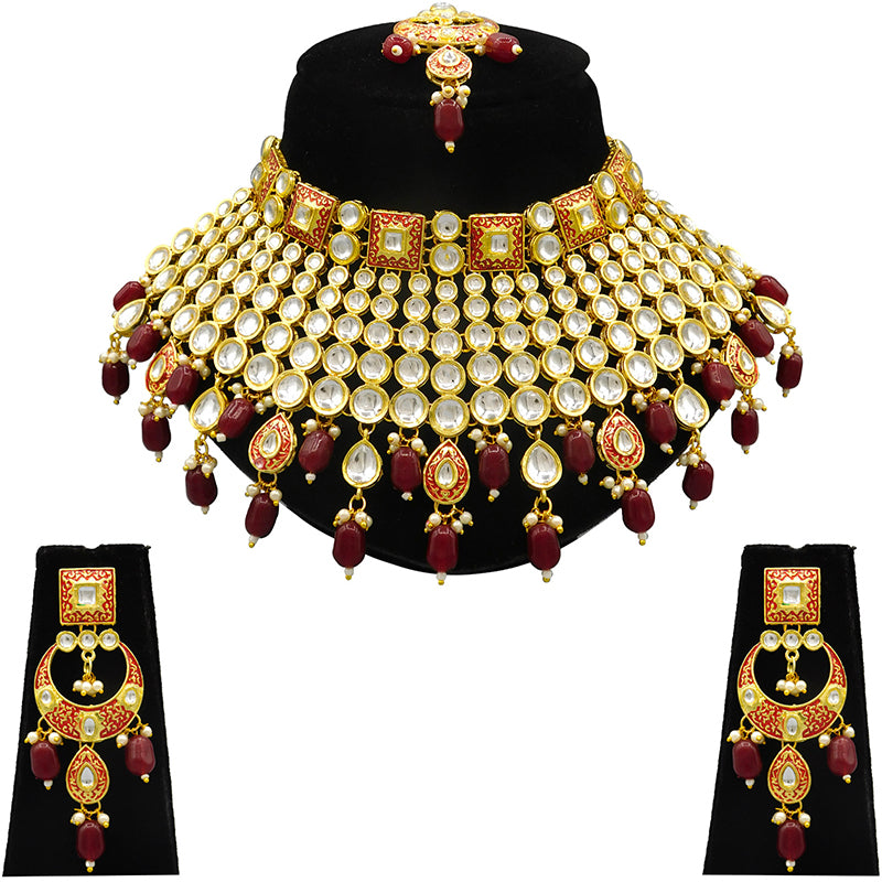 Sujwel Gold Plated Kundan Meenakari Choker Necklace Set (08-0469)