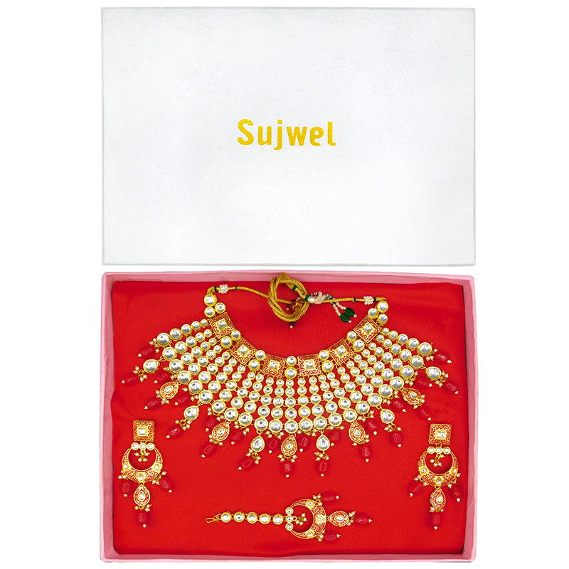 Sujwel Gold Plated Kundan Meenakari Choker Necklace Set (08-0469)