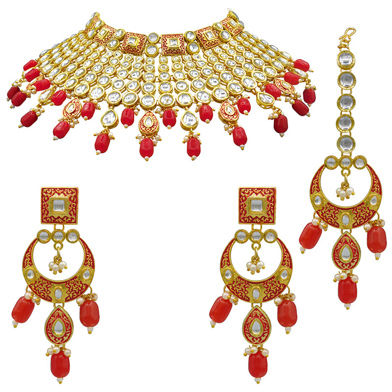 Sujwel Gold Plated Kundan Meenakari Choker Necklace Set (08-0469)