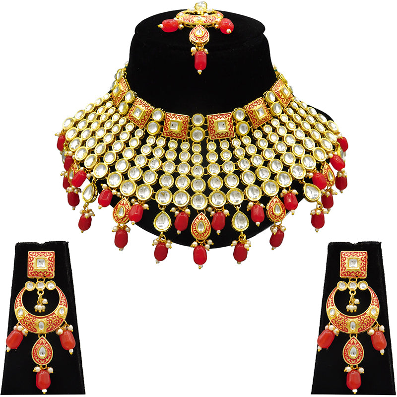 Sujwel Gold Plated Kundan Meenakari Choker Necklace Set (08-0469)