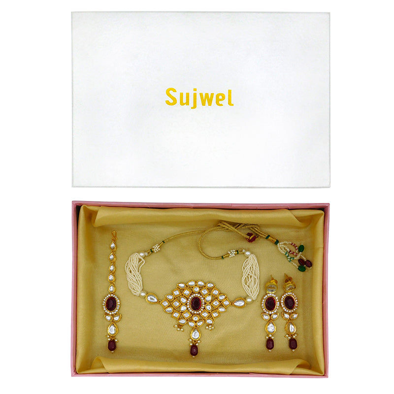 Sujwel Gold Kundan Necklace And Earrings With Maangtikka (08-0510)