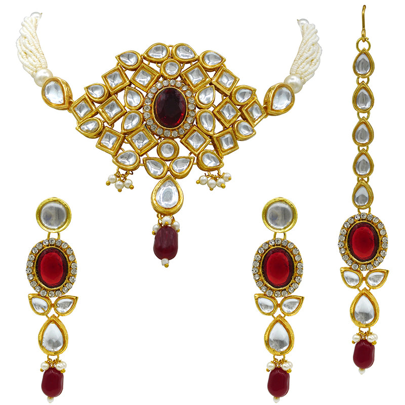 Sujwel Gold Kundan Necklace And Earrings With Maangtikka (08-0510)