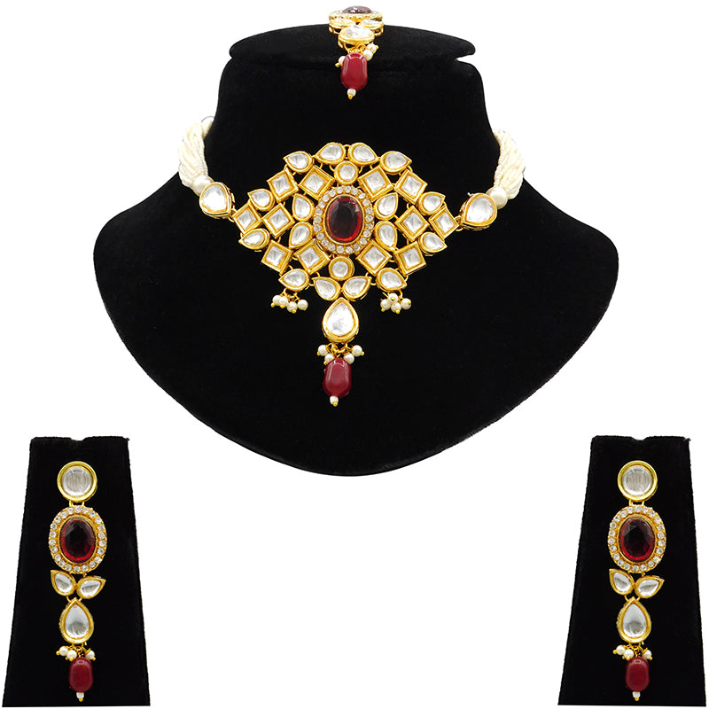 Sujwel Gold Kundan Necklace And Earrings With Maangtikka (08-0510)