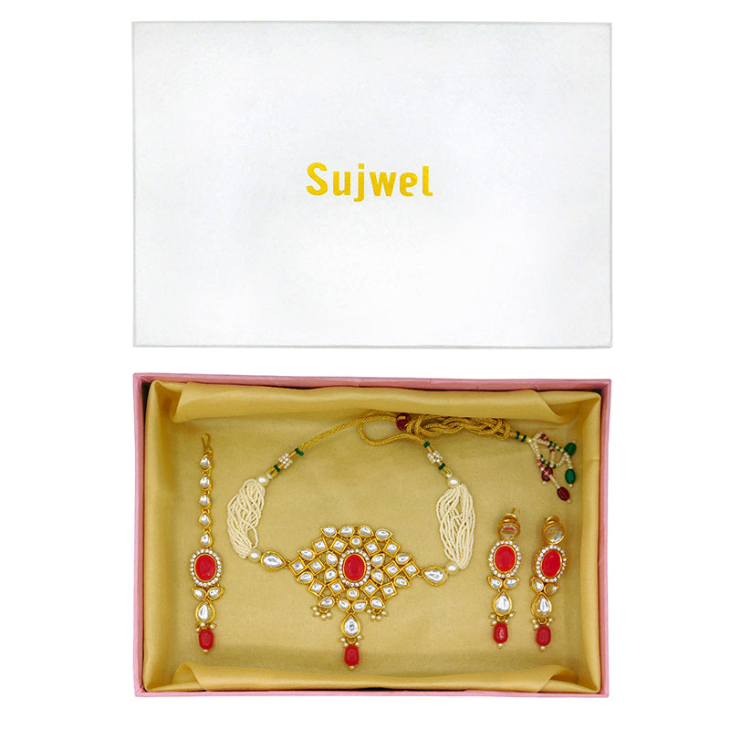 Sujwel Gold Kundan Necklace And Earrings With Maangtikka (08-0510)