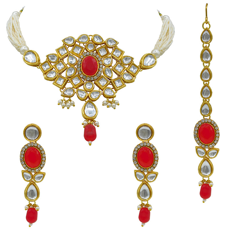 Sujwel Gold Kundan Necklace And Earrings With Maangtikka (08-0510)