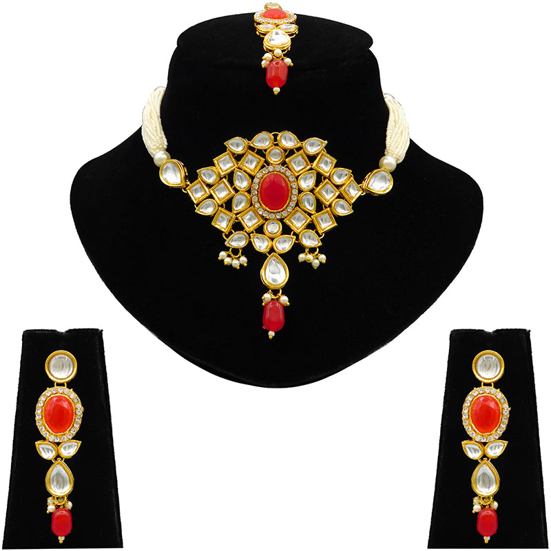 Sujwel Gold Kundan Necklace And Earrings With Maangtikka (08-0510)