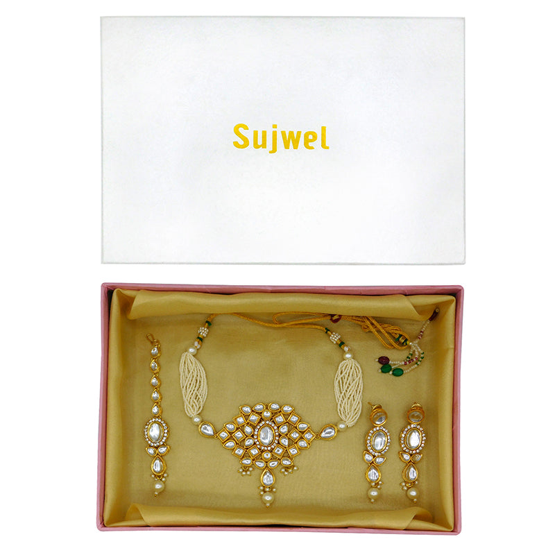 Sujwel Gold Kundan Necklace And Earrings With Maangtikka (08-0510)