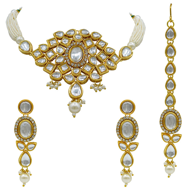 Sujwel Gold Kundan Necklace And Earrings With Maangtikka (08-0510)