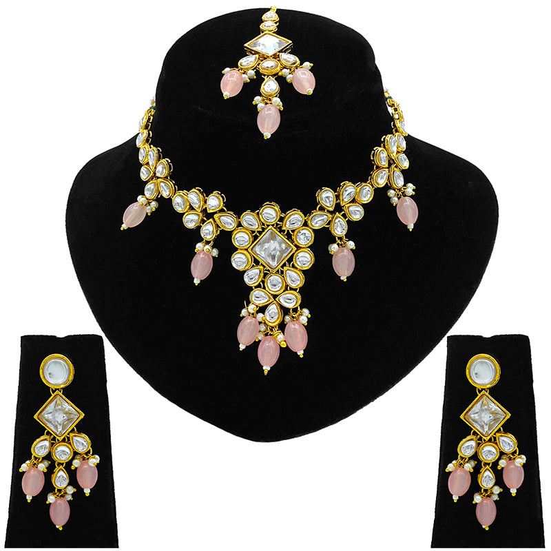 Sujwel Gold Kundan Necklace And Earrings With Maangtikka (08-0501)