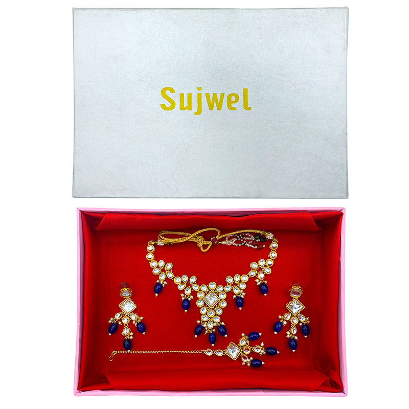 Sujwel Gold Kundan Necklace And Earrings With Maangtikka (08-0501)