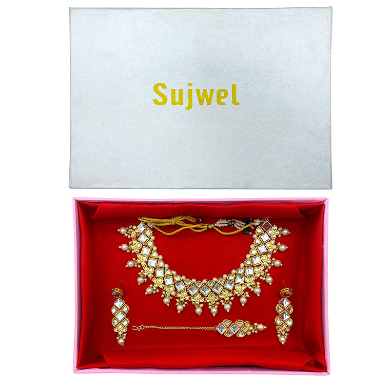 Sujwel Gold Kundan Necklace And Earrings With Maangtikka (08-0502)