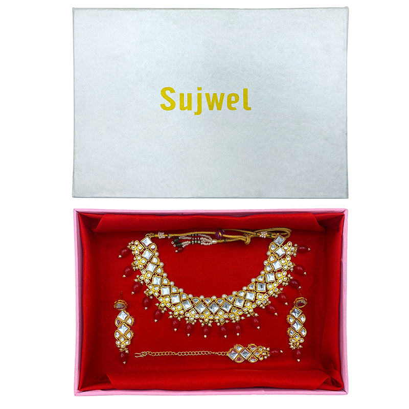 Sujwel Gold Kundan Necklace And Earrings With Maangtikka (08-0502)