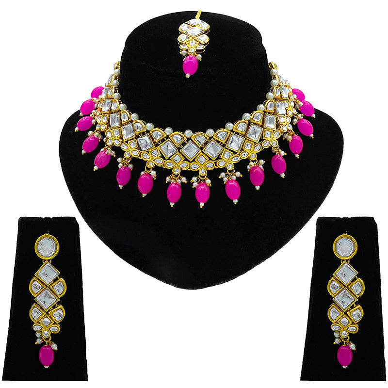 Sujwel Gold Kundan Necklace And Earrings With Maangtikka (08-0502)