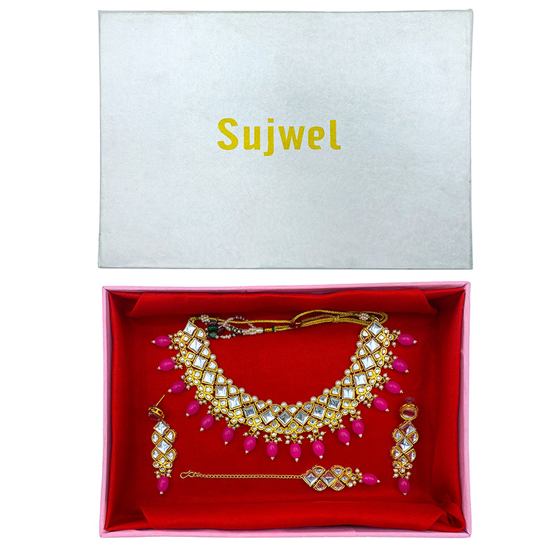 Sujwel Gold Kundan Necklace And Earrings With Maangtikka (08-0502)