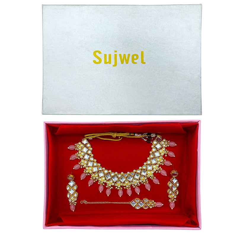 Sujwel Gold Kundan Necklace And Earrings With Maangtikka (08-0502)