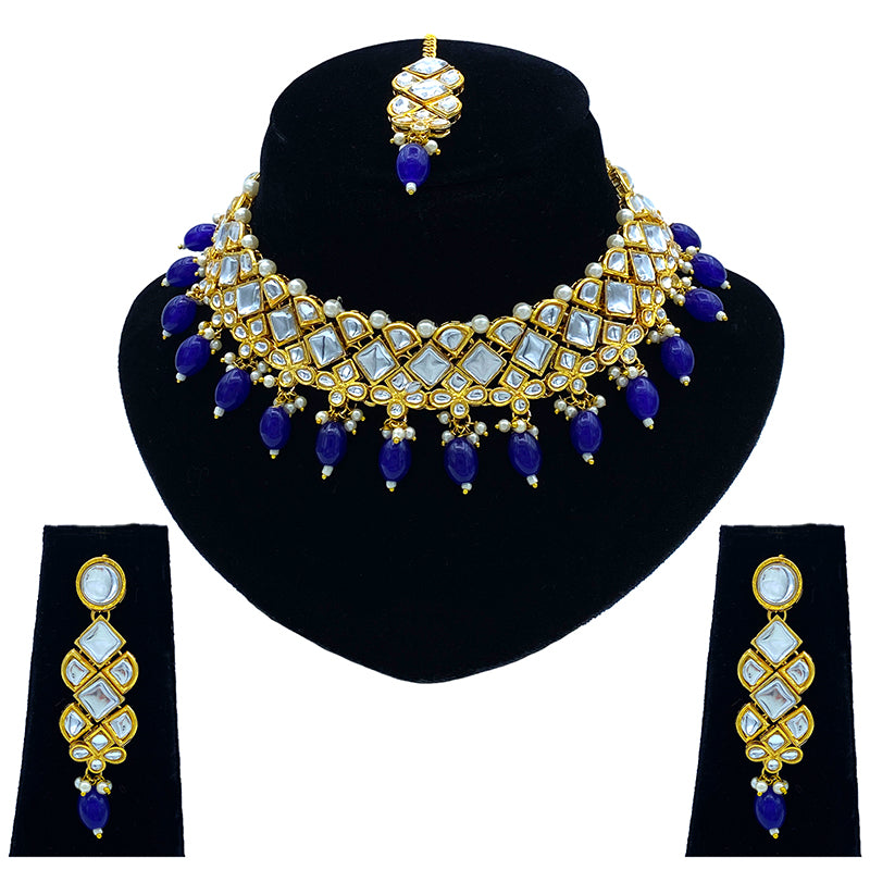 Sujwel Gold Kundan Necklace And Earrings With Maangtikka (08-0502)