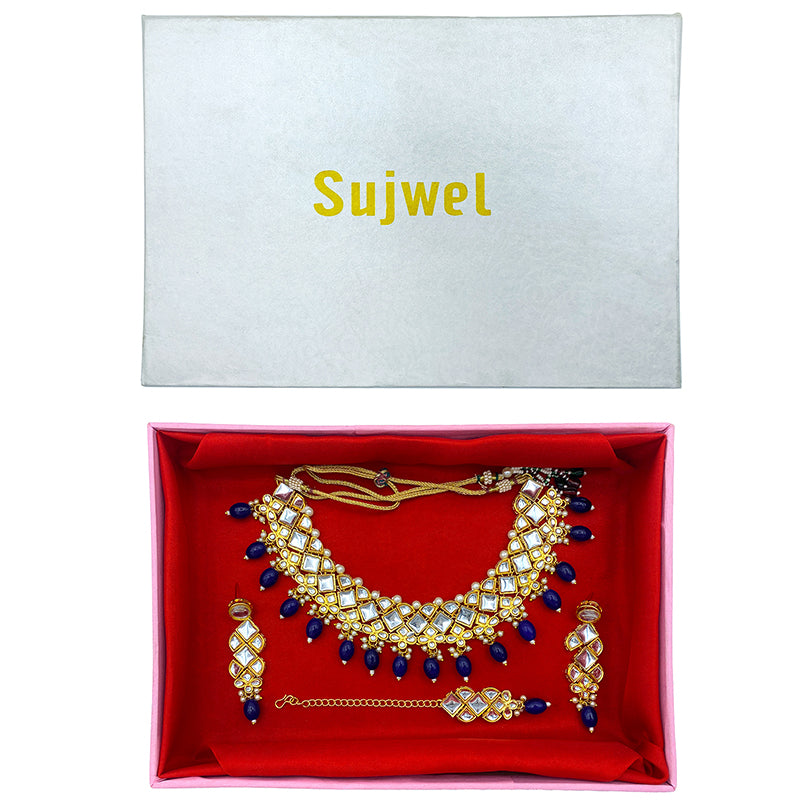 Sujwel Gold Kundan Necklace And Earrings With Maangtikka (08-0502)