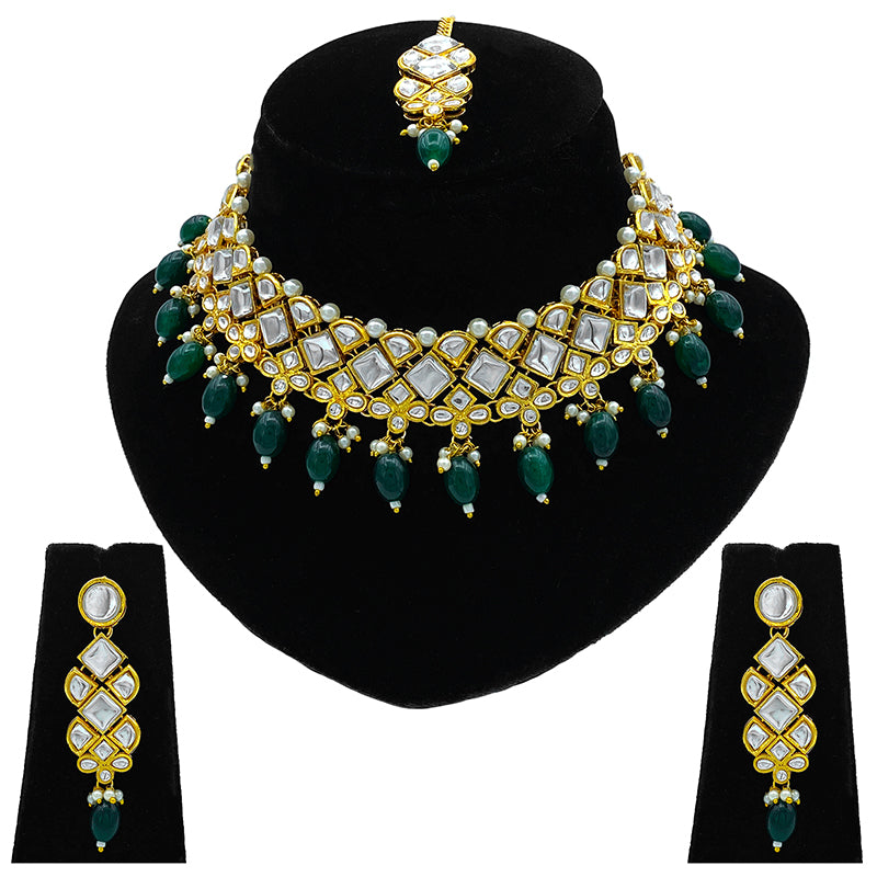 Sujwel Gold Kundan Necklace And Earrings With Maangtikka (08-0502)