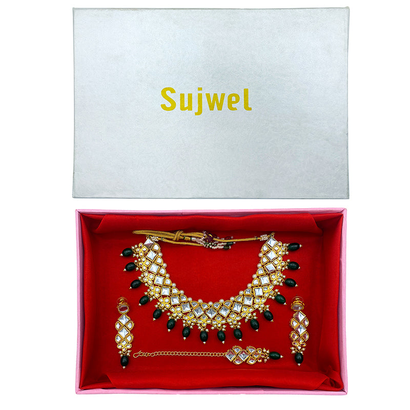 Sujwel Gold Kundan Necklace And Earrings With Maangtikka (08-0502)
