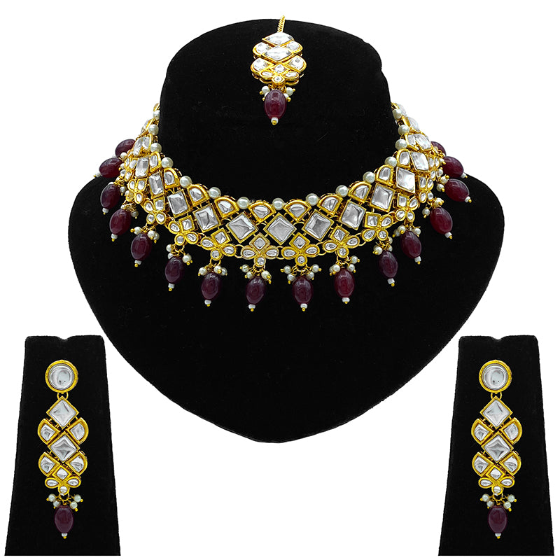 Sujwel Gold Kundan Necklace And Earrings With Maangtikka (08-0502)