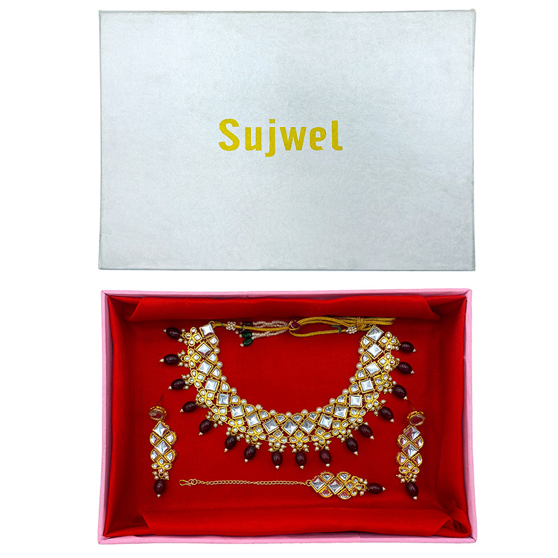 Sujwel Gold Kundan Necklace And Earrings With Maangtikka (08-0502)