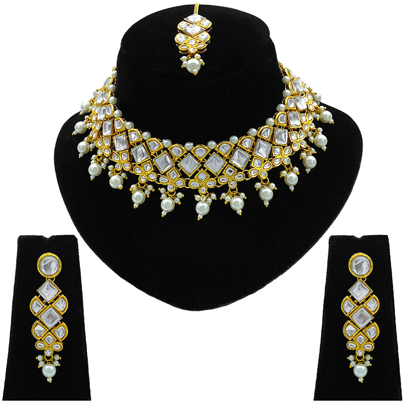 Sujwel Gold Kundan Necklace And Earrings With Maangtikka (08-0502)