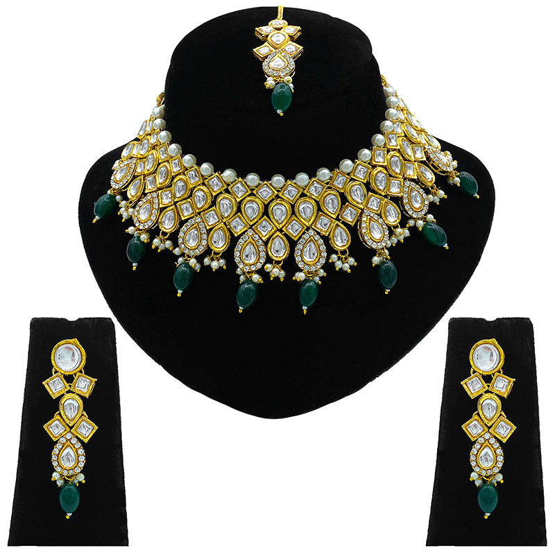 Sujwel Gold Kundan Necklace And Earrings With Maangtikka (08-0503)