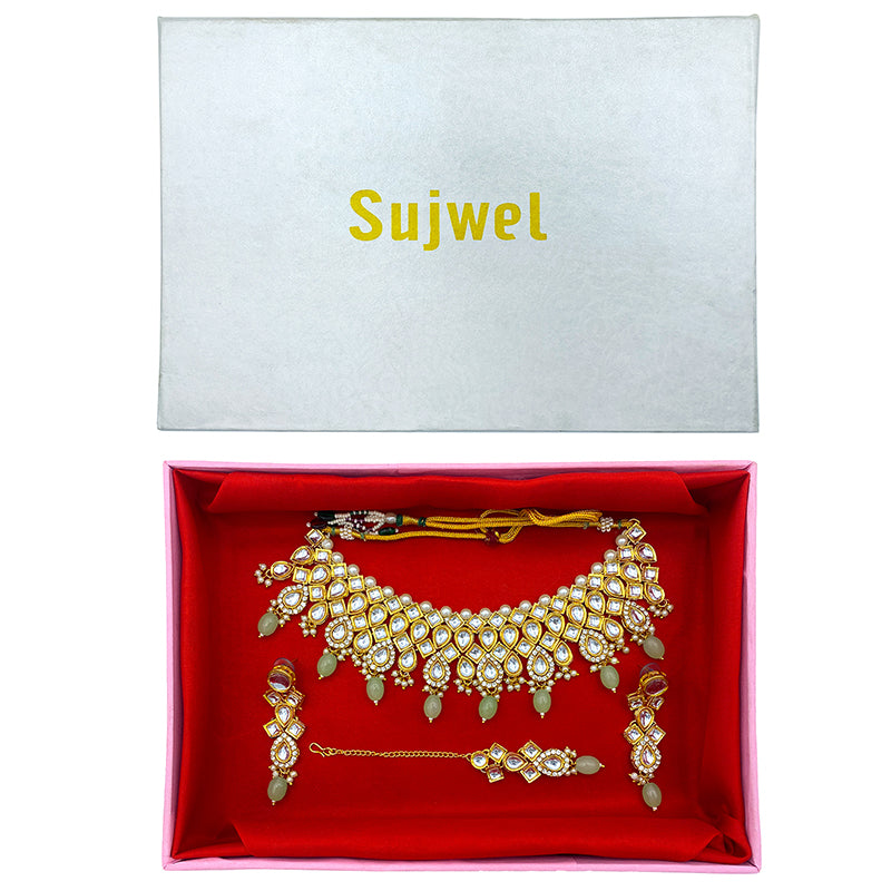 Sujwel Gold Kundan Necklace And Earrings With Maangtikka (08-0503)