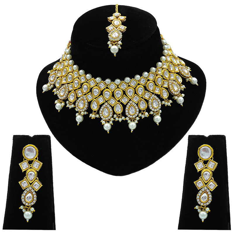 Sujwel Gold Kundan Necklace And Earrings With Maangtikka (08-0503)