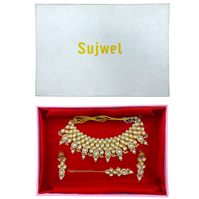 Sujwel Gold Kundan Necklace And Earrings With Maangtikka (08-0503)