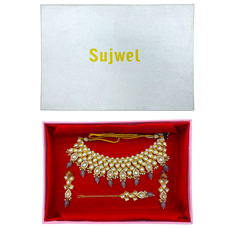 Sujwel Gold Kundan Necklace And Earrings With Maangtikka (08-0503)