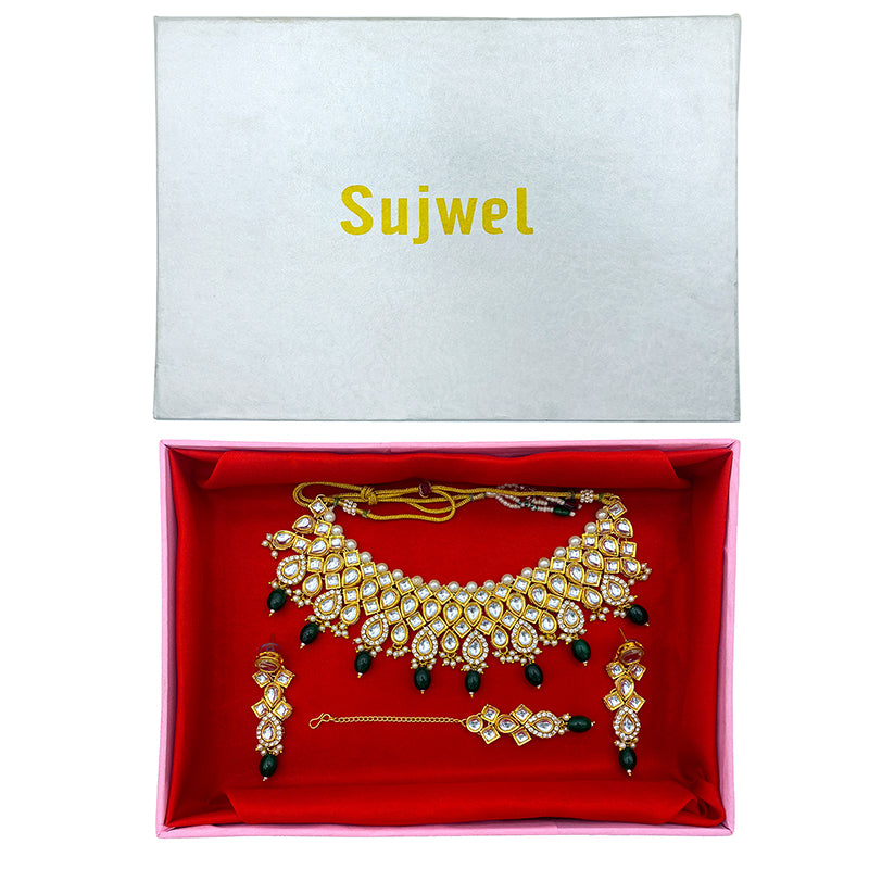 Sujwel Gold Kundan Necklace And Earrings With Maangtikka (08-0503)