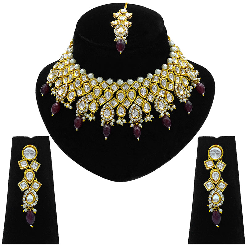 Sujwel Gold Kundan Necklace And Earrings With Maangtikka (08-0503)