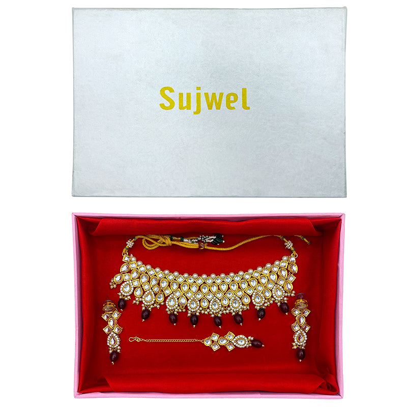 Sujwel Gold Kundan Necklace And Earrings With Maangtikka (08-0503)