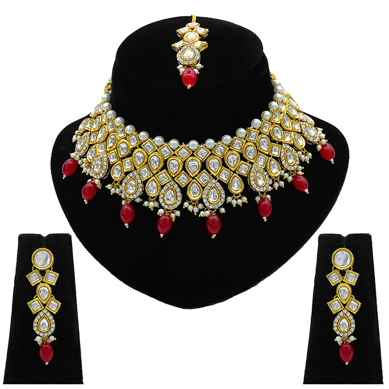 Sujwel Gold Kundan Necklace And Earrings With Maangtikka (08-0503)