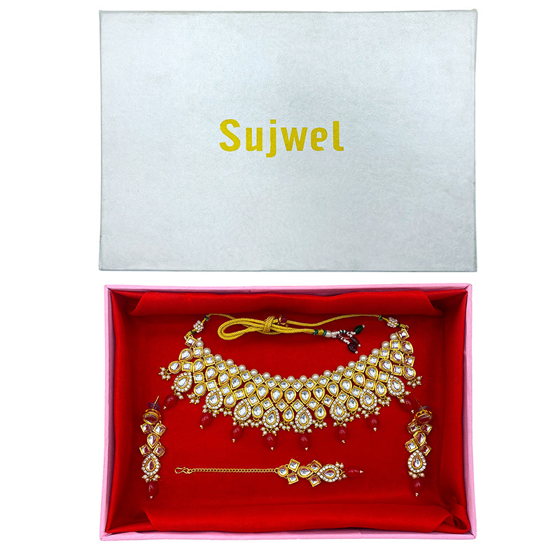 Sujwel Gold Kundan Necklace And Earrings With Maangtikka (08-0503)