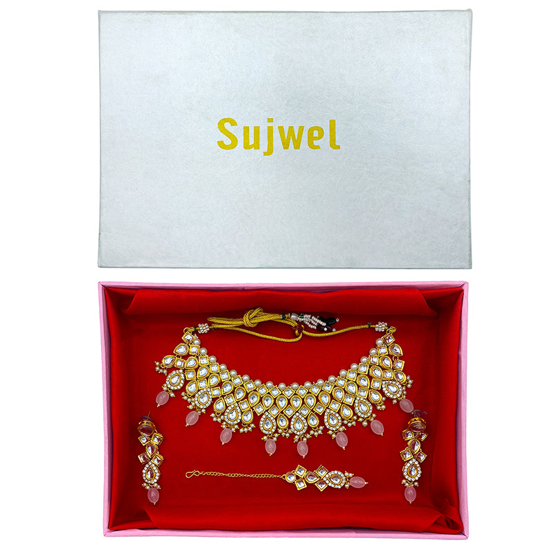 Sujwel Gold Kundan Necklace And Earrings With Maangtikka (08-0503)