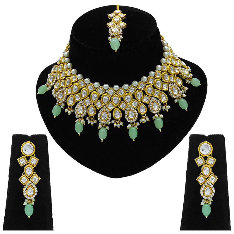 Sujwel Gold Kundan Necklace And Earrings With Maangtikka (08-0503)
