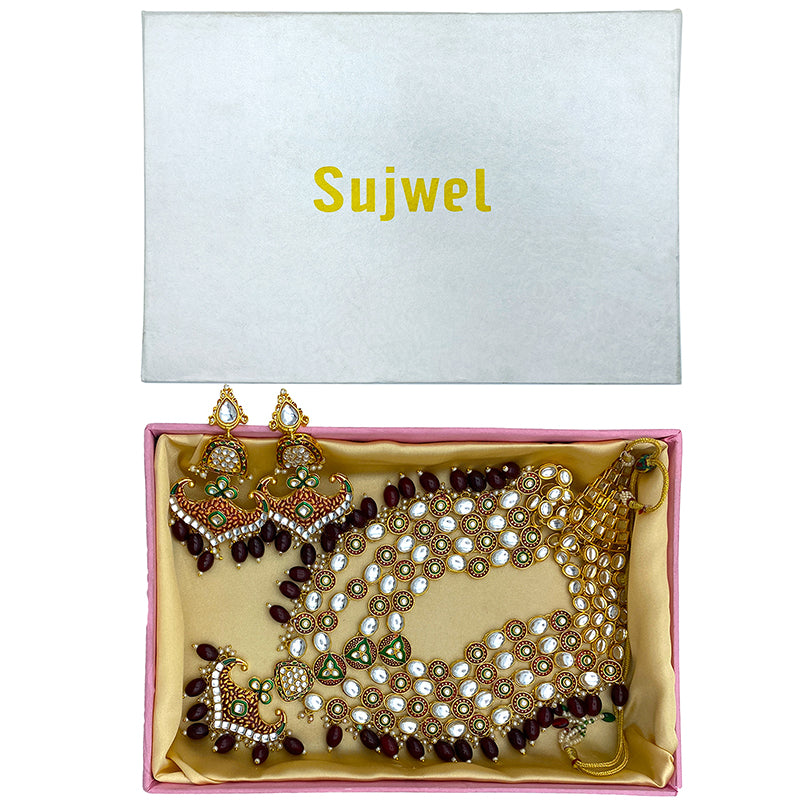 Sujwel Gold Kundan Necklace And Earrings(08-0504)