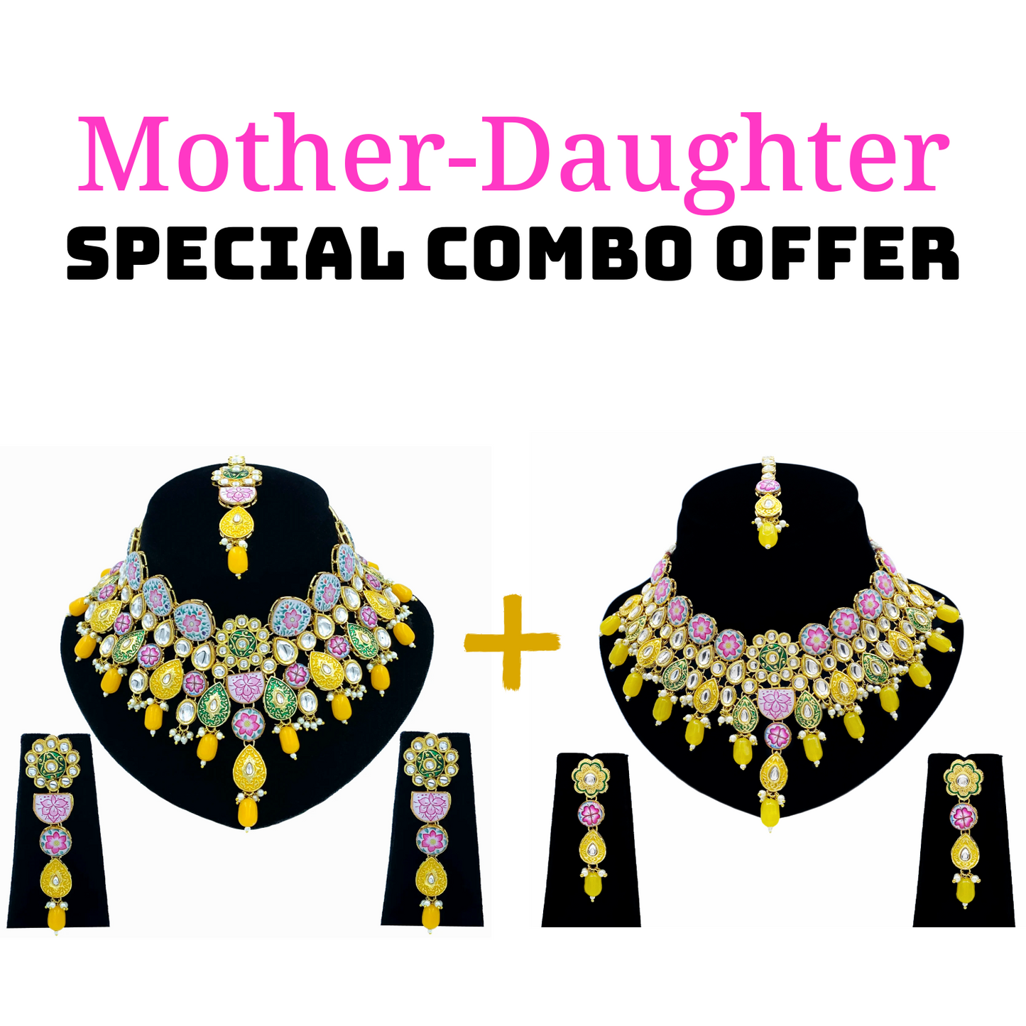 Mother-Daughter Kundan Meenakari Necklace Combo Set (08-0553)