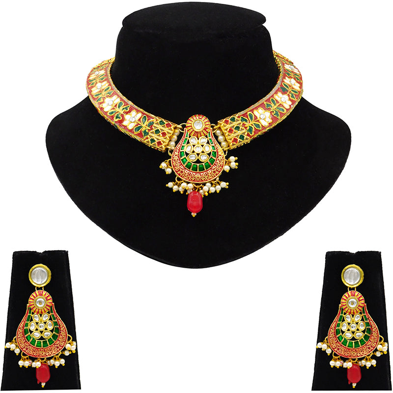 New Sujwel Imitation Hathi Dant Gold Necklace Set (08-0472)