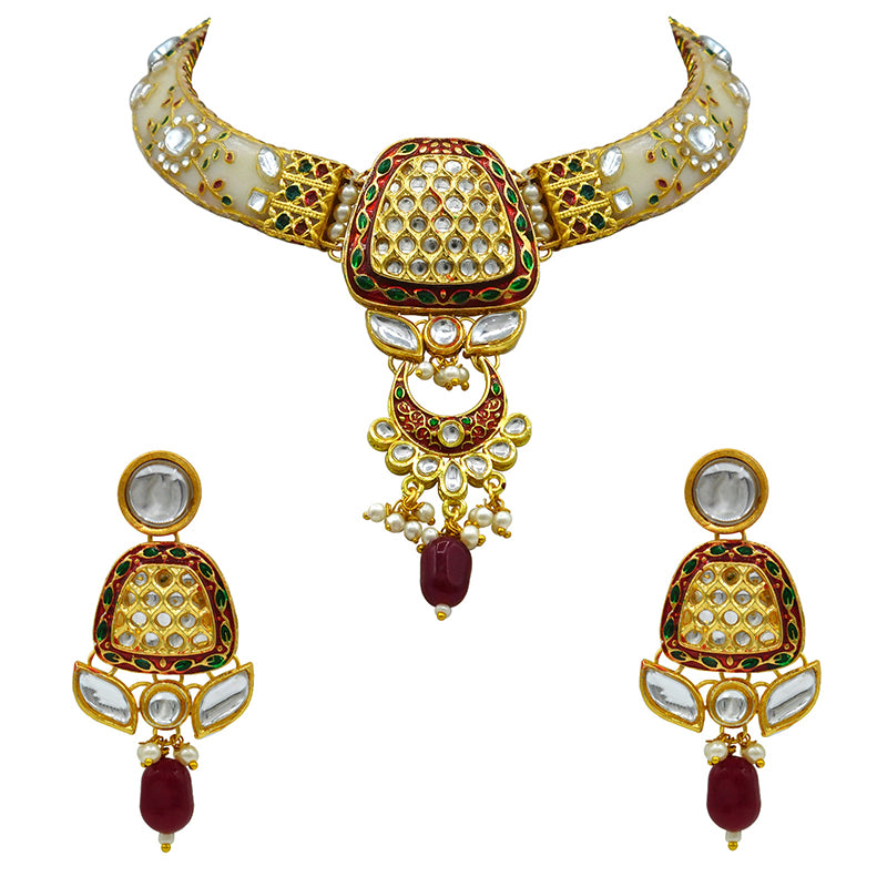Sujwel Imitation Hathi Dant Gold Necklace Set (08-0473)