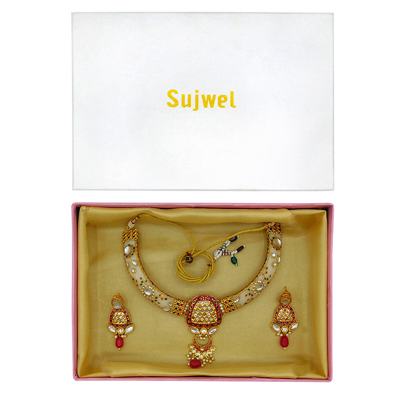 Sujwel Imitation Hathi Dant Gold Necklace Set (08-0473)