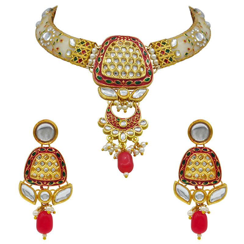 Sujwel Imitation Hathi Dant Gold Necklace Set (08-0473)